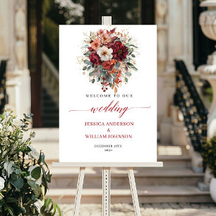 Fall Maroon Floral Boho Eucalyptus Wedding Welcome Poster