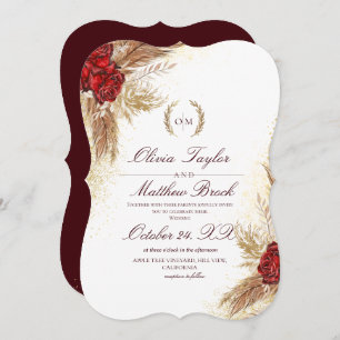 Fall Maroon Gold Watercolor Florals Wedding Invitation