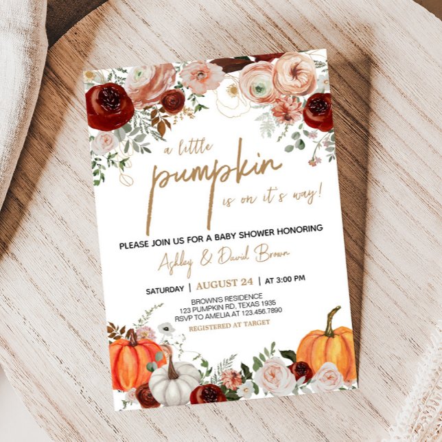 Fall Marsala Burgundy Floral Pumpkin Baby Shower Invitation (Fall Floral Pumpkin Baby Shower Invitation)