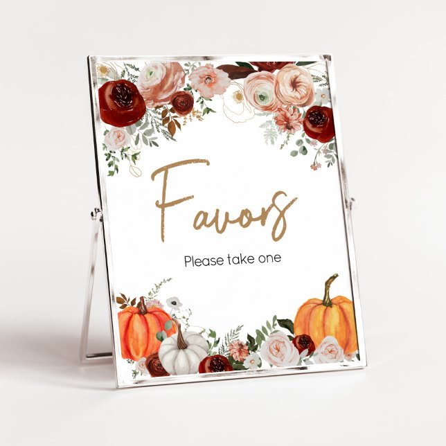 Fall Marsala Burgundy Floral Pumpkin Favours Poster (Fall Floral Pumpkin Baby Shower Favors Sign)