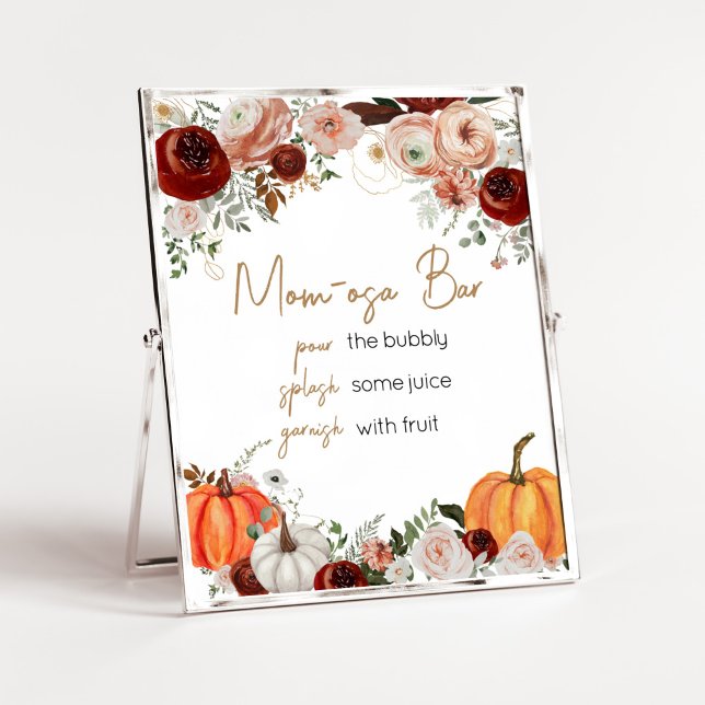 Fall Marsala Burgundy Floral Pumpkin Mum Osa Bar Poster (Fall Floral Pumpkin Baby Shower Mom Osa Bar Sign)