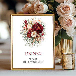 Fall Marsala Floral Drinks Wedding Tabletop Sign
