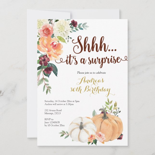 Fall Marsala Pumpkin Surprise birthday invitation (Front)
