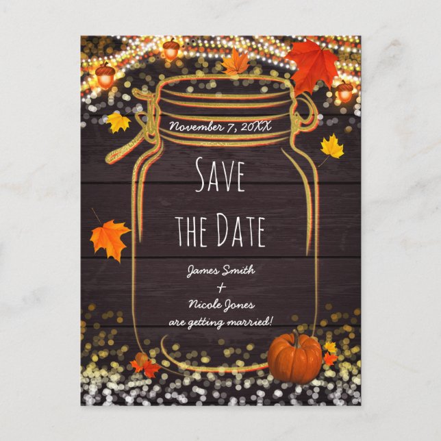 Fall Mason Jar Rustic Autumn Save the Date Announcement Postcard (Front)