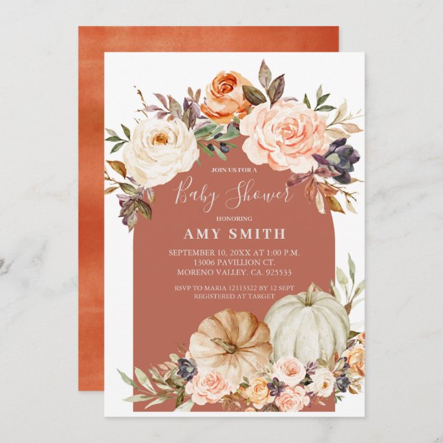 Fall Modern Arch Floral and Pumpkin Baby Shower  Invitation (Front/Back)