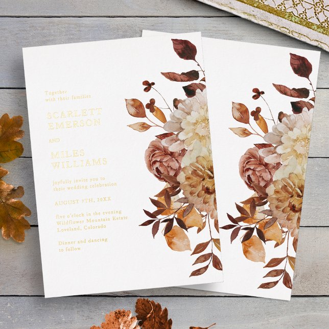 Fall Modern Gold Wedding (White Fall Terracotta Leaves Modern Gold Wedding Foil Invitation by Painted Paperie
)