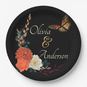 Fall Monarch Butterfly Floral Black Wedding Paper Plate