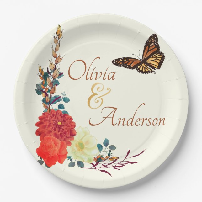 Fall Monarch Butterfly Ivory Wedding Paper Plate (Front)