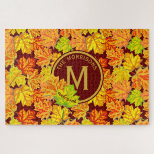 Fall Monogram Maple Leaves Autumn Foliage Pattern Jigsaw Puzzle