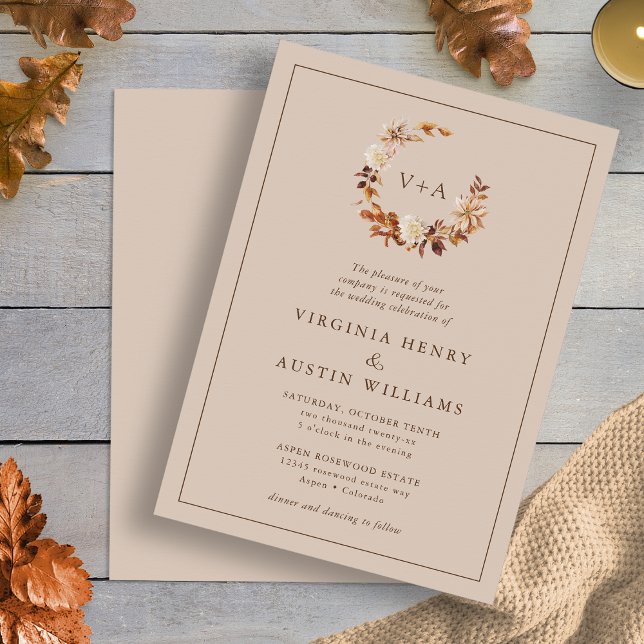 Fall Monogrammed Wedding Invitation (Taupe Fall Floral Wreath Monogrammed Wedding Invitation by Painted Paperie
)