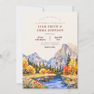 Fall Mountain Lake Watercolor Destination Wedding Invitation
