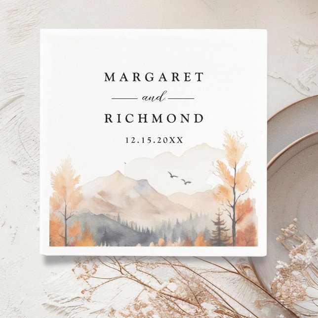 Fall Mountain Lakeside Rustic Wedding Paper Napkin (Creator Uploaded)