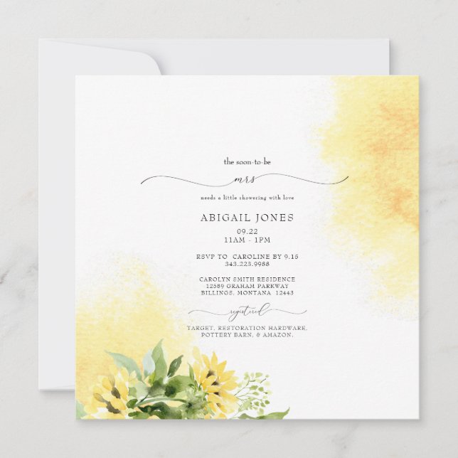 Fall Mrs. Sunflower Yellow Bridal Shower Square Invitation (Front)