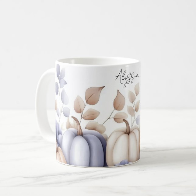 Fall Mug with blue and beige Pumpkins and Flowers (Front Left)