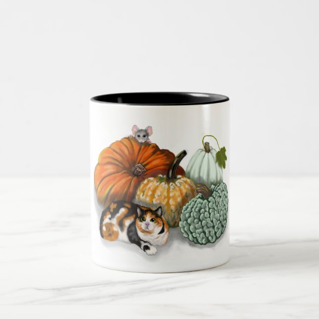 Fall mug with pumpkins, a cat and a mouse (Center)