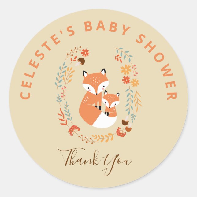Fall Mum and Baby Fox Baby Shower Classic Round Sticker (Front)