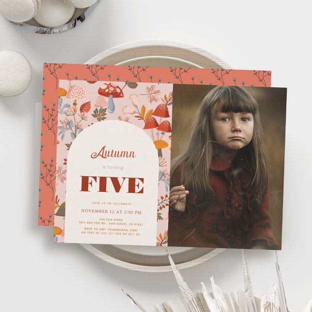 Fall Mushroom Wildflower Birthday Pink Photo Invitation (Creator Uploaded)