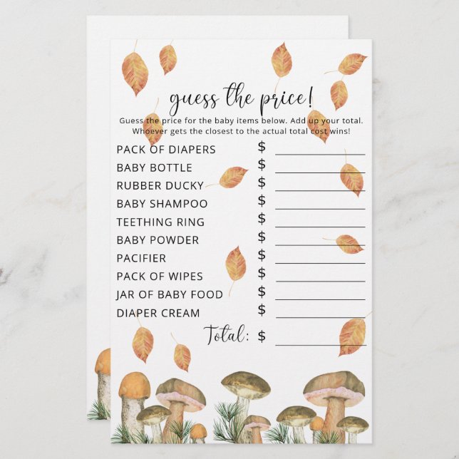 Fall Mushrooms | Baby shower Price Guess Game (Front/Back)