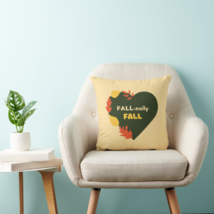 Fall-nally Fall text Autumn Leaves and Green Heart Cushion