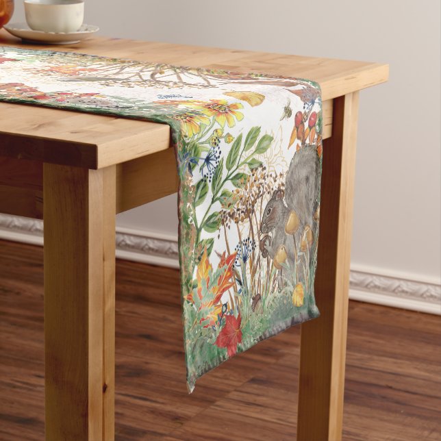 Fall Nature Squirrel Leaf Mushroom Bird Woodland  Short Table Runner (In Situ)