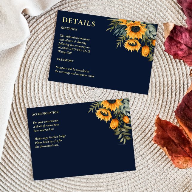 Fall navy blue rustic sunflower wedding  details enclosure card (Fall navy blue rustic sunflower wedding details enclosure card moody dark blue with sunflowers)