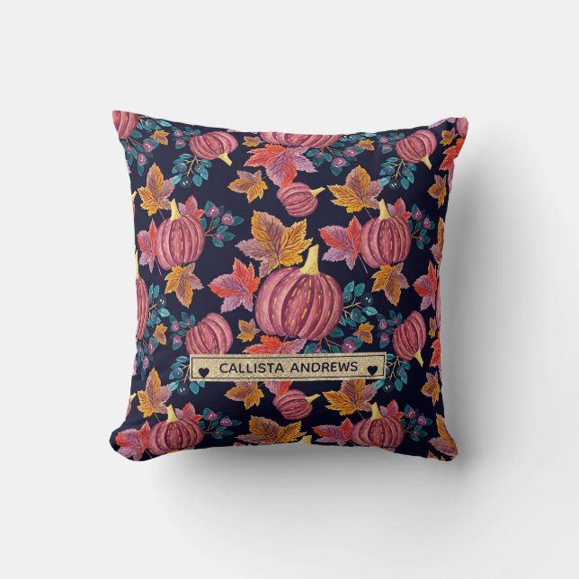 Fall Navy Pumpkin Leaves Watercolor Monogram Cushion (Front)