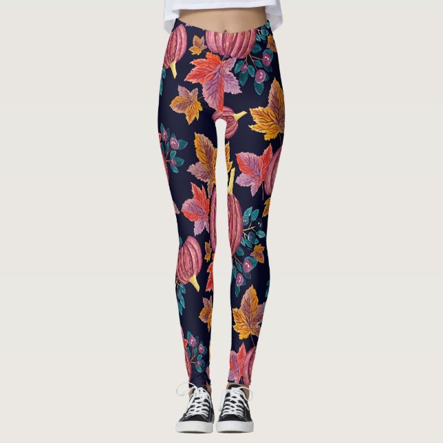 Fall Navy Pumpkin Leaves Watercolor Pattern Leggings (Front)