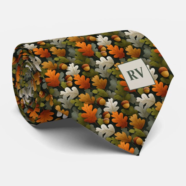 Fall Oak Leaf & Acorn Monogrammed Tie (Rolled)