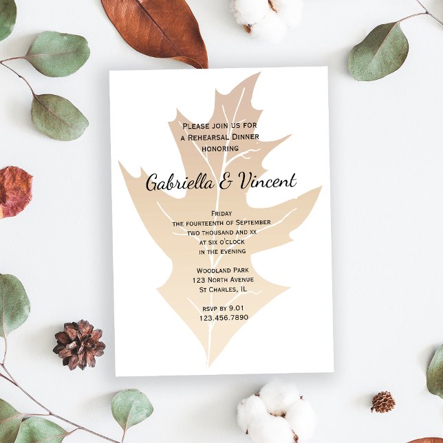 Fall Oak Leaf Wedding Rehearsal Dinner Invitation (Set a seasonal Autumn tone with the woodsy Fall Oak Leaf Wedding Rehearsal Dinner Invitation.)