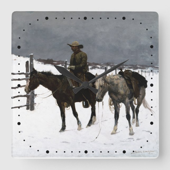 Fall of The Cowboy Frederic Remington 1895 Western Square Wall Clock (Front)