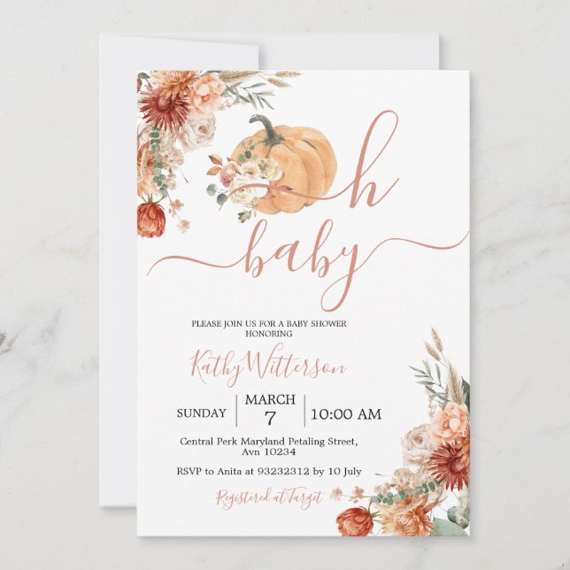 Fall Oh Baby Pumpkin Boho Wildflowers Baby Shower Invitation (Front)