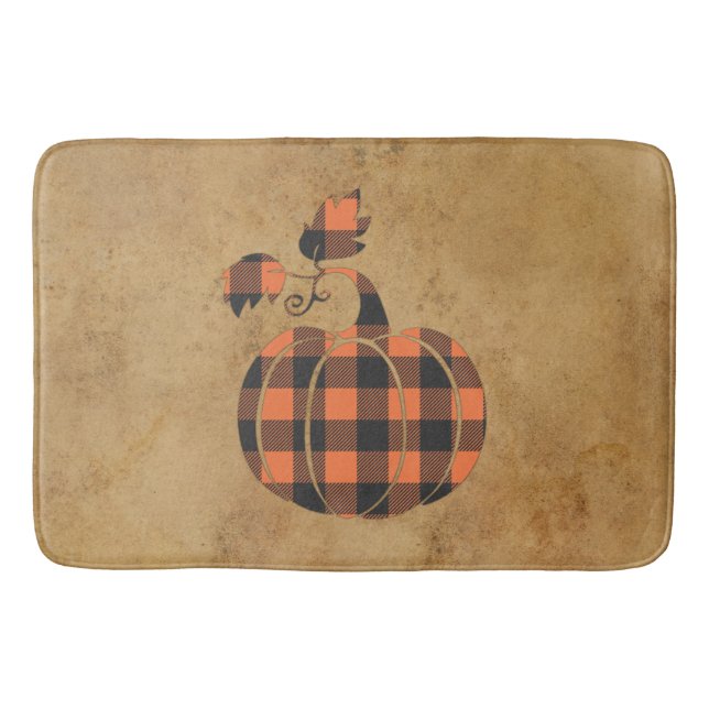 Fall Orange And Black Plaid Autumn Pumpkin Bath Mat (Front)