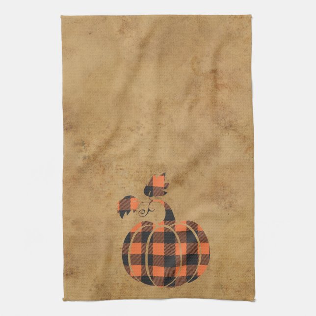 Fall Orange And Black Plaid Autumn Pumpkin Tea Towel (Vertical)