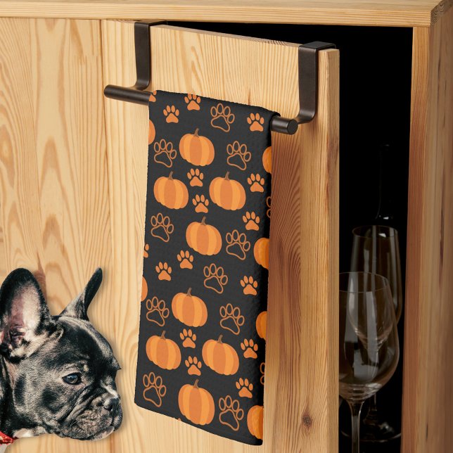 Fall Orange and Black Pumpkins and Paws Halloween  Tea Towel (Cute pumpkins and paws black and orange kitchen towel for dog lovers Halloween.)