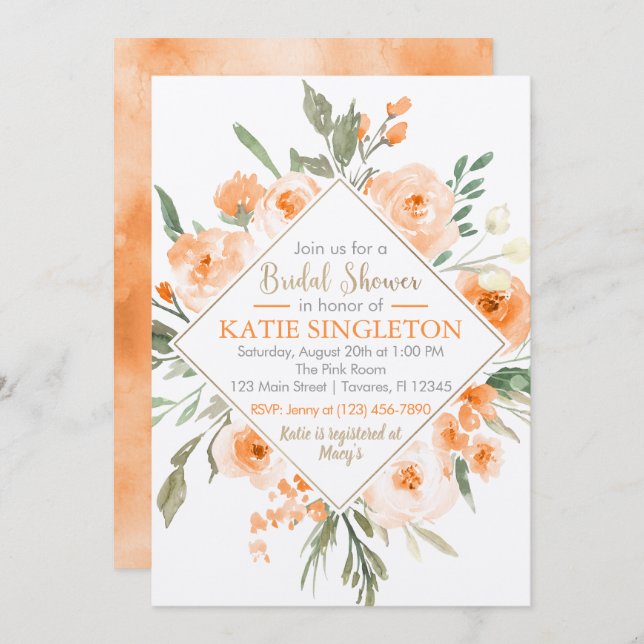 Fall Orange Floral Bridal Shower Invitation (Front/Back)