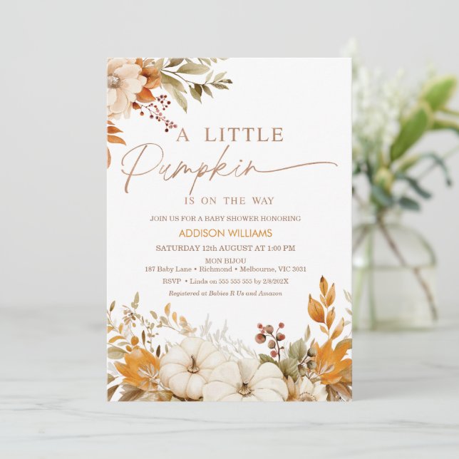 Fall Orange Floral Little Pumpkin Baby Shower Invitation (Standing Front)
