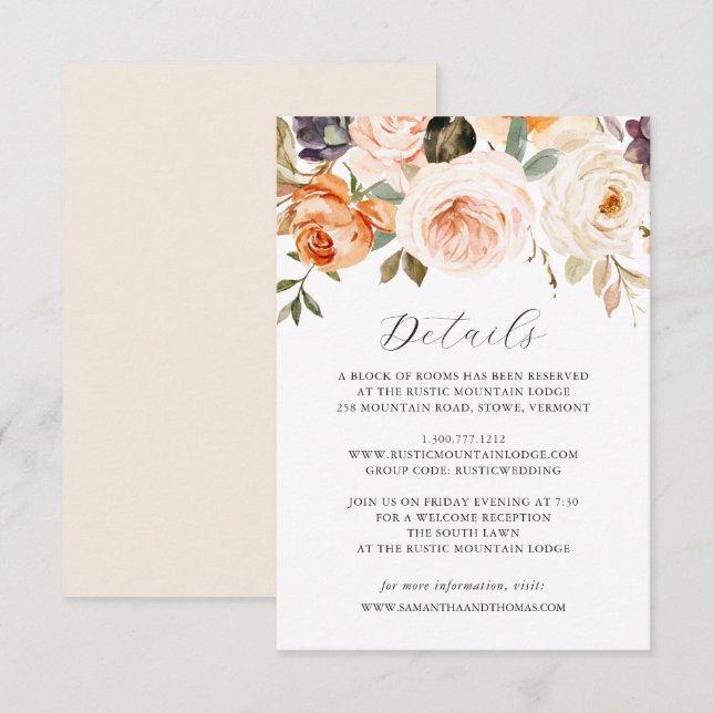 Fall Orange Floral Wedding Details Card (Front/Back)