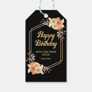 Fall Orange Flower Gold Black Happy Birthday Gift Tags