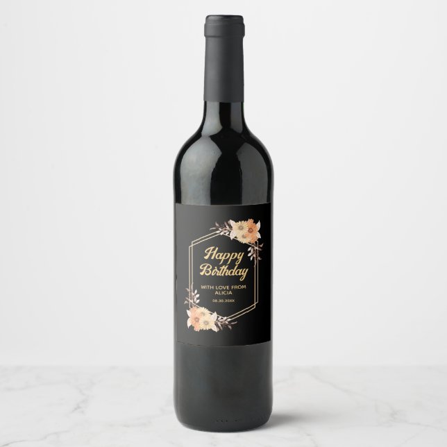 Fall Orange Flower Gold Black Happy Birthday Wine Label (Front)