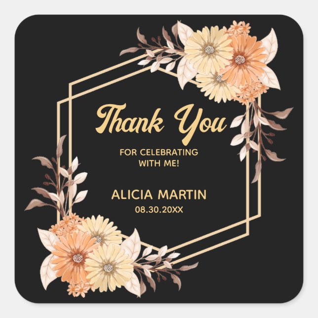 Fall Orange Flower Gold Black Thank You Square Sticker (Front)