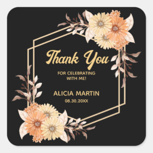 Fall Orange Flower Gold Black Thank You Square Sticker