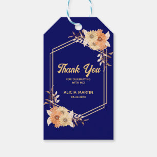 Fall Orange Flower Gold Navy Blue Thank You Gift Tags