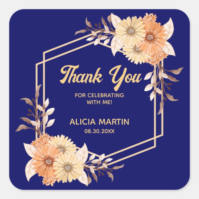 Fall Orange Flower Gold Navy Blue Thank You Square Sticker (Front)
