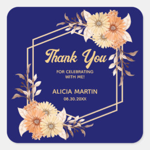 Fall Orange Flower Gold Navy Blue Thank You Square Sticker