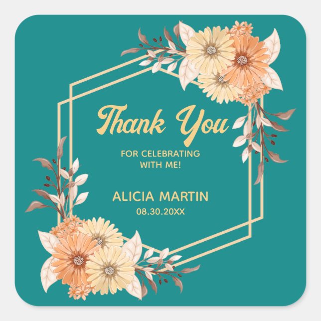 Fall Orange Flower Gold Teal Thank You Square Sticker (Front)