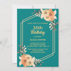 Fall Orange Flower Gold Teal Woman Adult Invitation