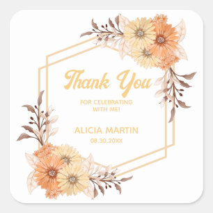 Fall Orange Flower Gold White Thank You Square Sticker