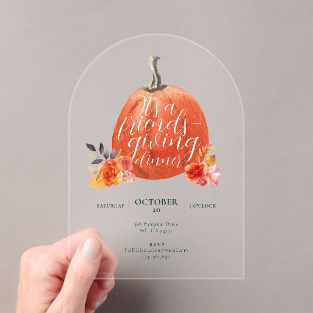 Fall Orange Friendsgiving Watercolor Pumpkin Acrylic Invitations (Insitu (Handheld))