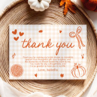 Fall Orange Gingham Hand Drawn Bow Thank you card