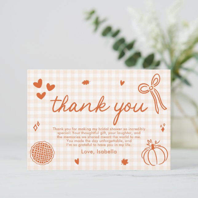 Fall Orange Gingham Hand Drawn Bow Thank you card (Standing Front)
